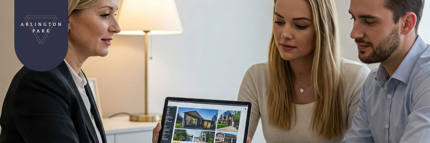 A professional real estate agent in a modern setting discusses property options with a couple, using a tablet to showcase listings.