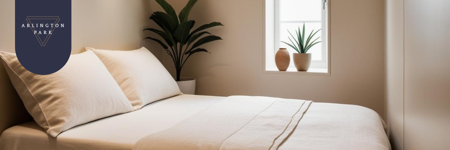 A compact bedroom neatly staged with minimal furniture, soft lighting, and calming d&eacute;cor to create a peaceful, spacious environment.]