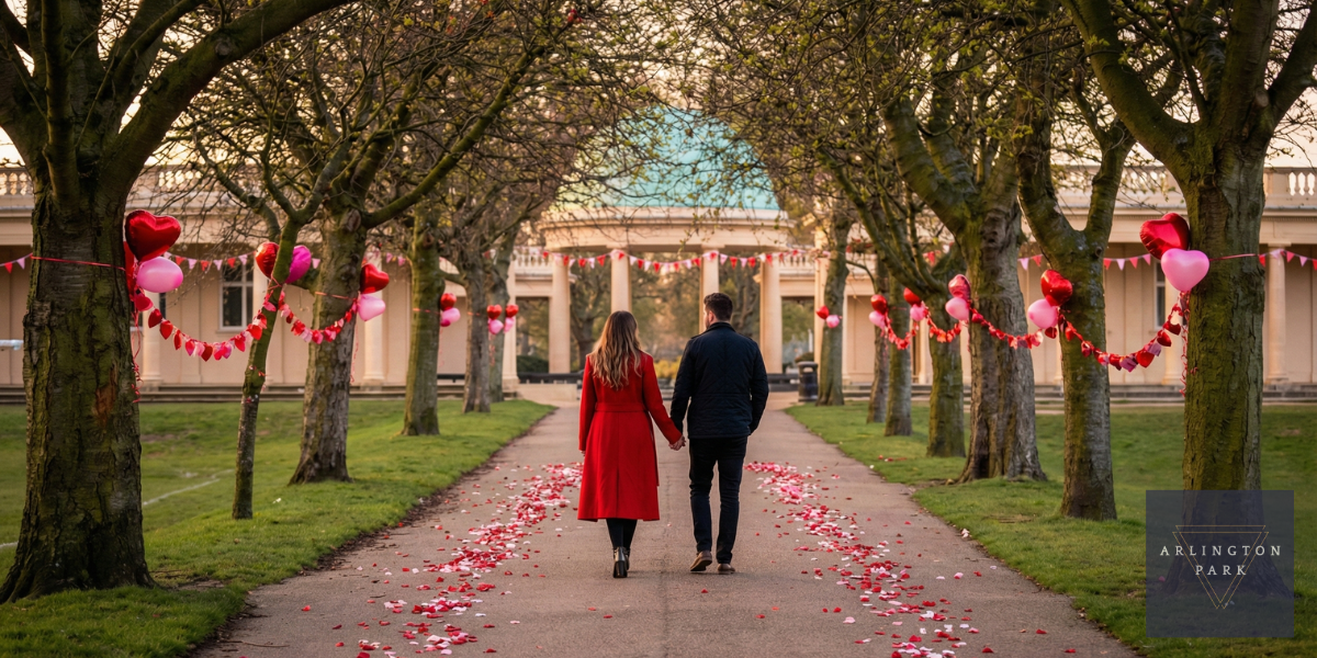 Couple walking through Eaton Park decorated with Valentine's hearts