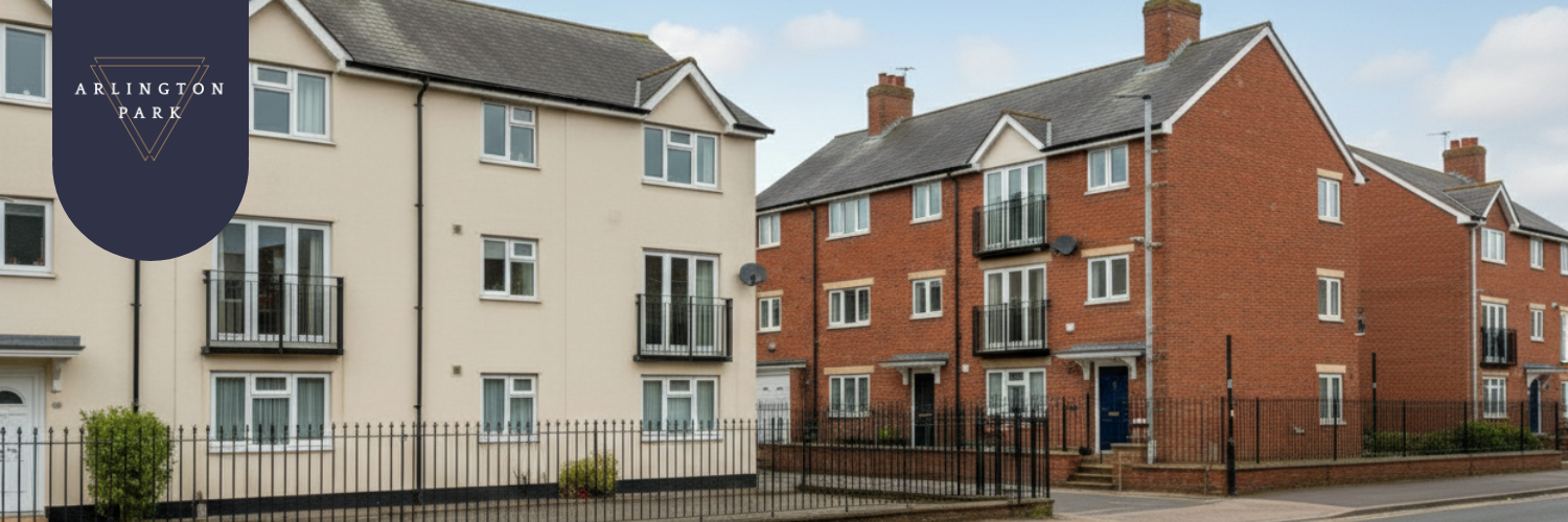A row of modern, newly built apartments in the UK, symbolising new property development.